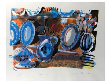 A COLORED LITHOGRAPH TITLED THE BLUE TUREEN, SIGNED JANE STROTHER, NUMBERED 1/22, AMERICAN, LATE