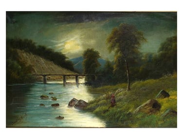 A DUDLEY WHITE SIGNED OIL ON CANVAS PAINTING 'THE MOORLAND BRIDGE', 19TH CEN.
