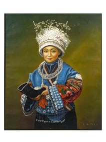 A FRAMED CHINESE PORTRAIT PAINTING OF A WOMAN IN ETHNIC COSTUME, BY WANG WEI, DATED 1992