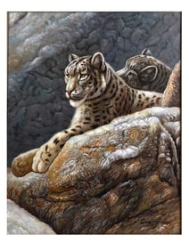 AN ACRYLIC ON CANVAS PAINTING OF SIBERIAN TIGERS, SIGNED, LATE 20TH CENTURY