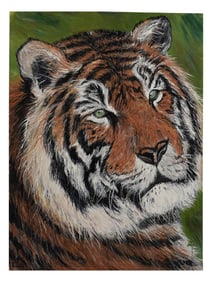 AN ACRYLIC ON BOARD TIGER PORTRAIT, SIGNED G. KING, LATE 20TH CENTURY