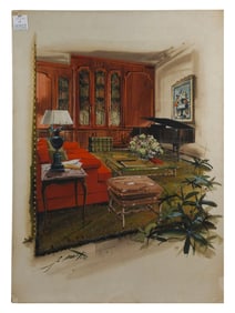 A ROBERT MARTIN MIDCENTURY INTERIOR DESIGN PAINTED ILLUSTRATION FOR MAGAZINE