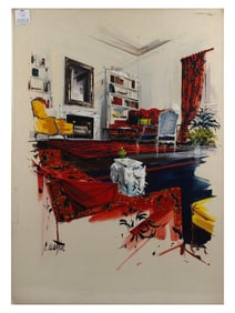 A ROBERT MARTIN MIDCENTURY INTERIOR DESIGN PAINTED ILLUSTRATION FOR MAGAZINE