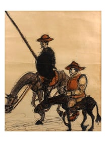 A WATERCOLOR AND INK DRAWING OF DON QUIXOTE AND SANCHO PANZA, SIGNED AND DATED 1963
