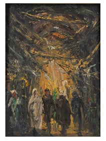 A MID-CENTURY ORIENTALIST ARAB BAZAAR OIL ON BOARD PAINTING