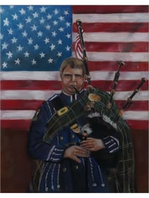 A JOSEPHINE KRAWCZYK (1936-2020) PAINTING OF AN AMERICAN POLICE BAGPIPER