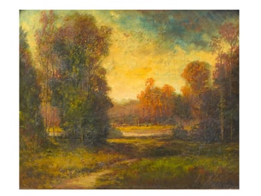 A 19TH-CENTURY OIL ON CANVAS LANDSCAPE AT SUNSET PAINTING