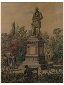 A LARGE COLORED LITHOGRAPH, MONUMENT IN A PARK, 19TH CENTURY
