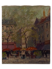 AN R. BESSIER IMPRESSIONIST PARISIAN CAFE SCENE, OIL ON CANVAS, 20TH CEN.