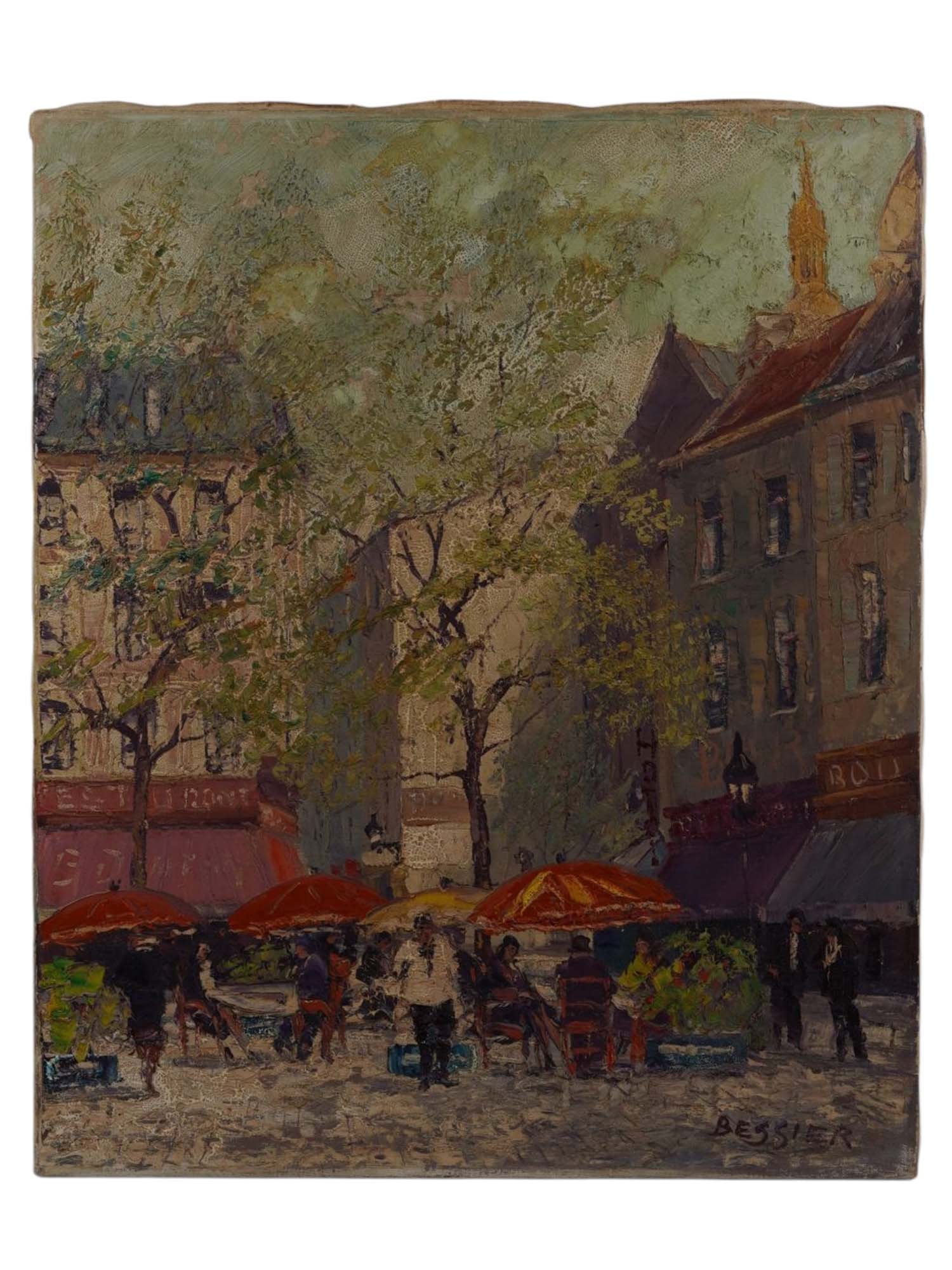 AN R. BESSIER IMPRESSIONIST PARISIAN CAFE SCENE, OIL ON CANVAS, 20TH CEN.: An oil on canvas scene of a Parisian cafe created by the French artist R. Bessier, signed to the lower right. The piece shows the atmosphere of Post-War Paris, with suited gentleman walking around the