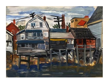 A GOUACHE ON PAPER AMERICAN WATERFRONT SCENE, 20TH CENTURY