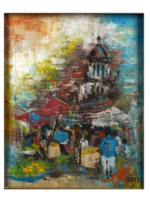 AN ACRYLIC ON CANVAS MEXICAN MARKET SCENE, SIGNED GOMEZ, 20TH CEN.