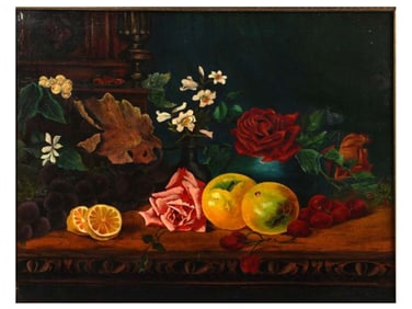 AN OIL ON CANVAS STILL LIFE, UNSIGNED, 20TH CENTURY