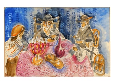AM 'M. DOV' MIXED MEDIA AMERICAN SCHOOL JUDAICA SCENE 'SEDER SUPPER', 1973