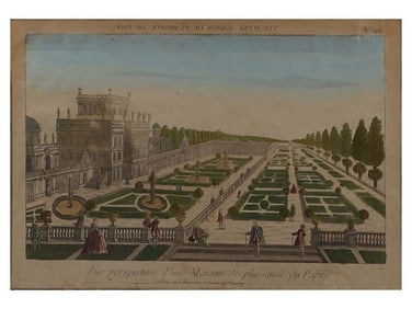 AN HAND COLORED ENGRAVING DEPICTING THE PAPAL PALACE AND GARDENS, ITALIAN SCHOOL, 18TH CENTURY