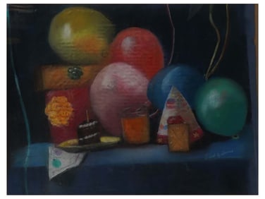 A 20TH CENTURY WATERCOLOR AND GOUACHE ON PAPER BIRTHDAY STILL LIFE PAINTING