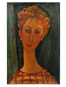 A 20TH CENTURY OIL ON CANVAS PORTRAIT OF A WOMAN AFTER AMEDEO MODIGLIANI