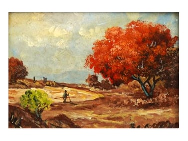 A MINIATURE OIL ON BOARD AUTUMNAL LANDSCAPE, EUROPEAN OR AMERICAN SCHOOL, MID 20TH CENTURY