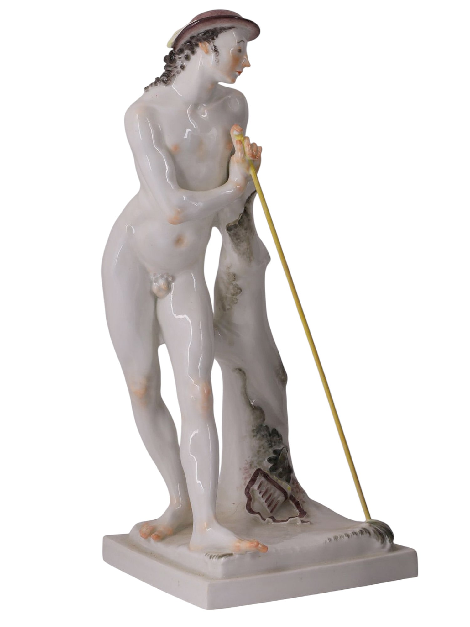 A MEISSEN PORCELAIN FIGURE OF A NUDE SHEPHERD, “DER HIRTE?? BY PAUL SCHEURICH, GERMAN, C.: This model, titled "Der Hirte" and first designed in 1919, represents one of Scheurich’s most refined early figural conceptions for Meissen. Modeled as a standing nude male figure leaning against a