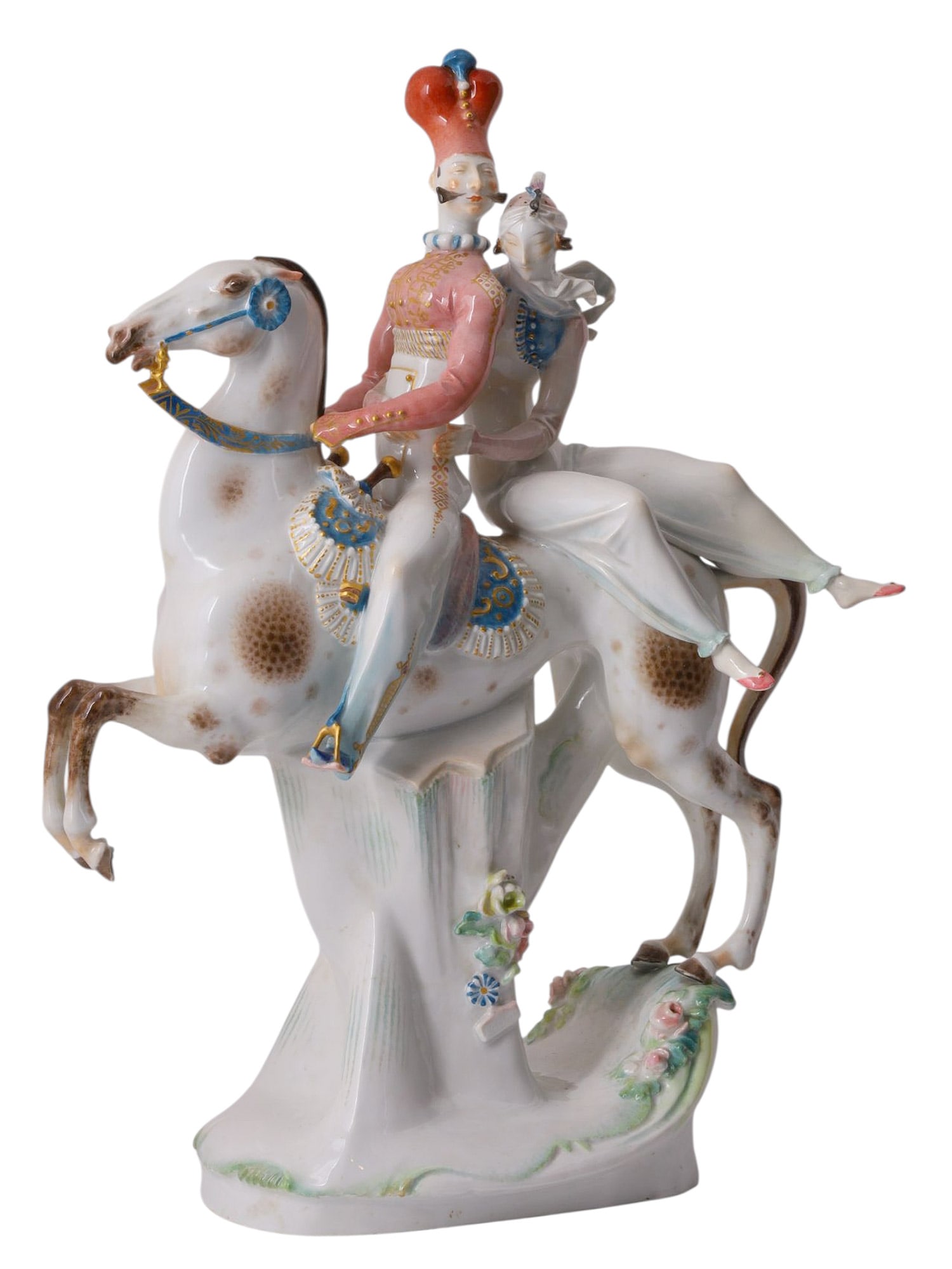 A MEISSEN HAND-PAINTED PORCELAIN FIGURAL GROUPING OF A HUSSAR AND WOMAN ON HORSEBACK (1 of 7)