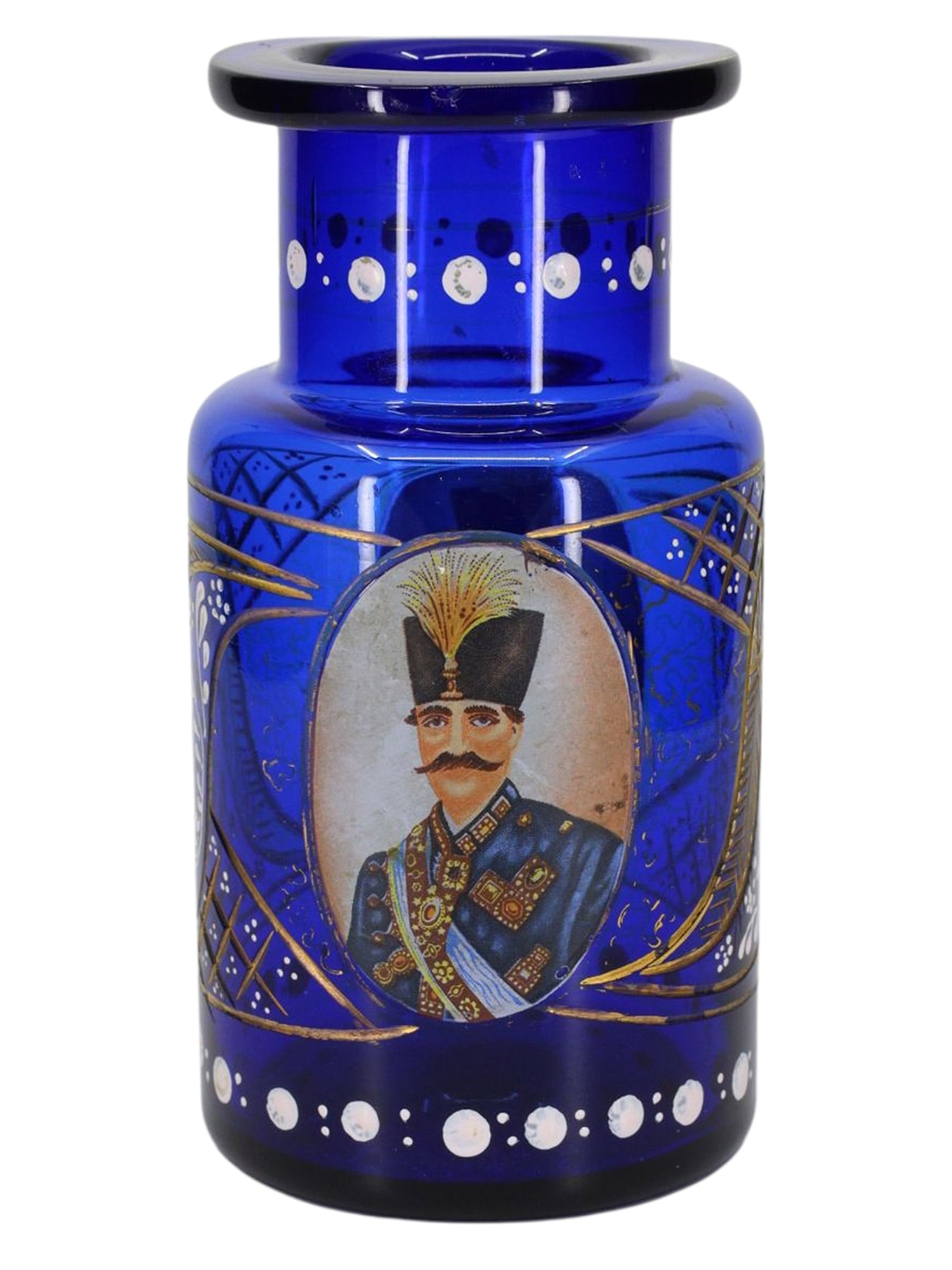 A QAJAR ENAMELED AND GILT COBALT-BLUE GLASS HOOKAH BASE (QALYAN) DEPICTING SHAHANSHAH NASER AL-DIN (1 of 3)