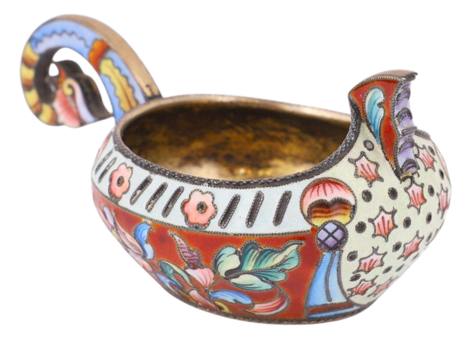 A SMALL RUSSIAN GILT-SILVER AND CLOISONNE ENAMEL KOVSH, CA. 1905 (1 of 7)