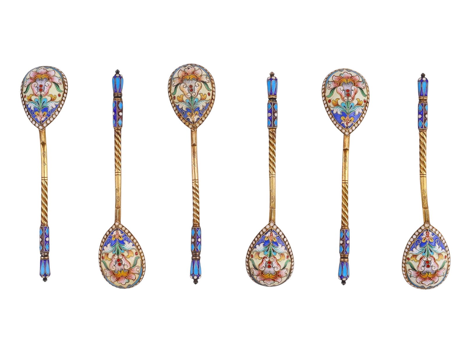 A CASED RUSSIAN GILT-SILVER CLOISONNE ENAMEL TEA SPOON SET, 19TH C. (1 of 8)