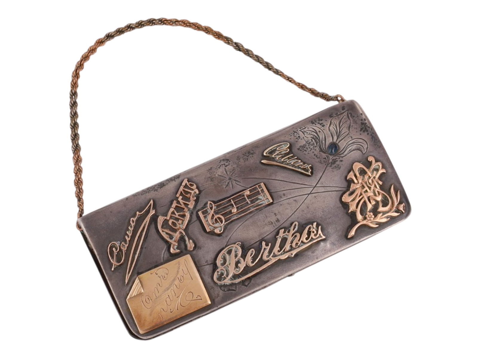 A RUSSIAN SILVER PURSE WITH APPLIED GOLD CHARMS AND OVERLAYS, LATE 19TH CENTURY (1 of 6)