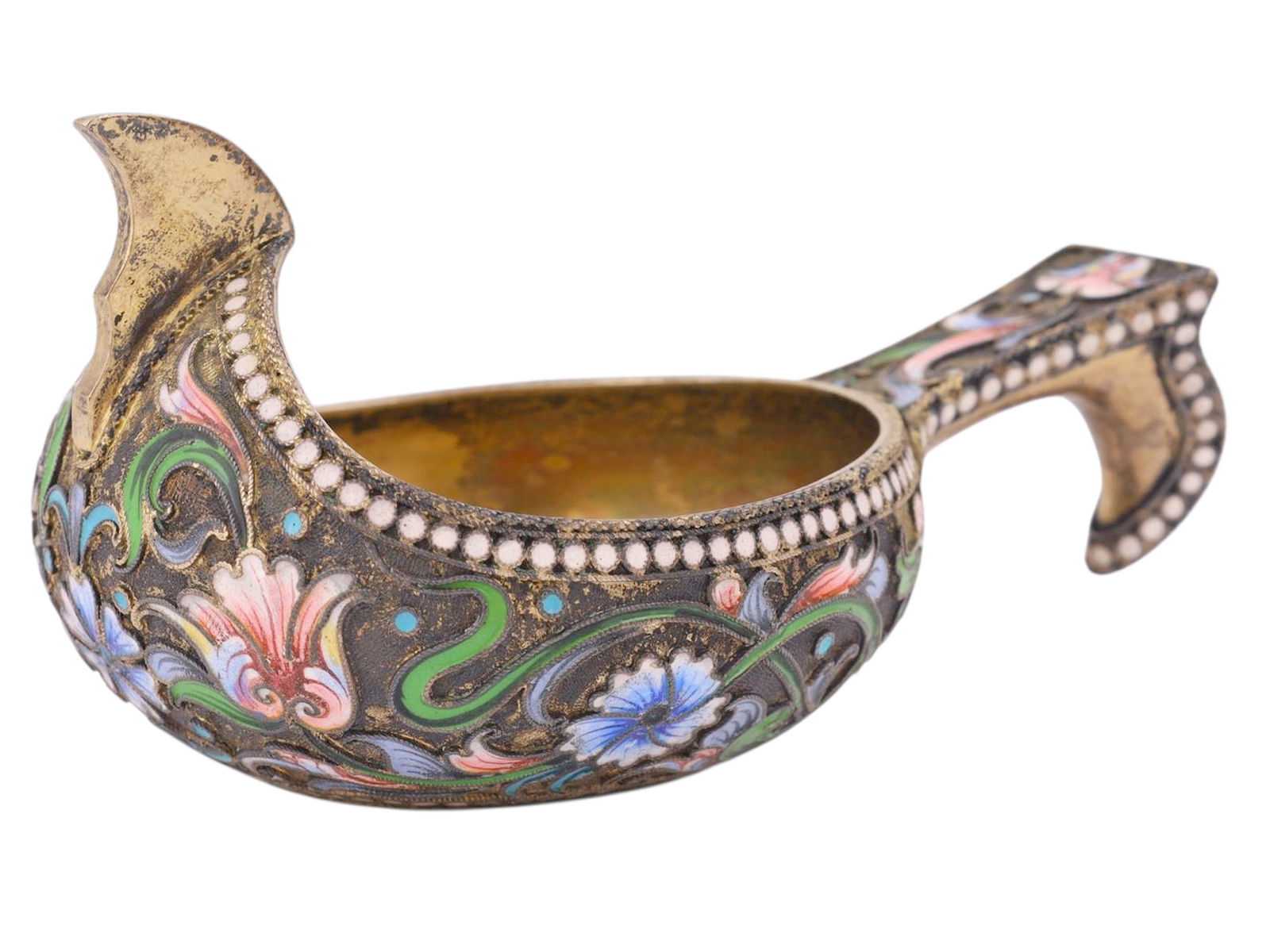 A PARCEL-GILT-SILVER AND CLOISONNE ENAMEL KOVSH, CA. 1907 (1 of 7)