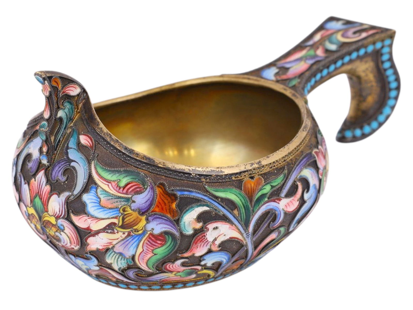 A RUSSIAN GILT-SILVER AND CLOISONNE ENAMEL KOVSH, BY MARIA SEMENOVA, MOSCOW, CIRCA 1908–1912 (1 of 7)