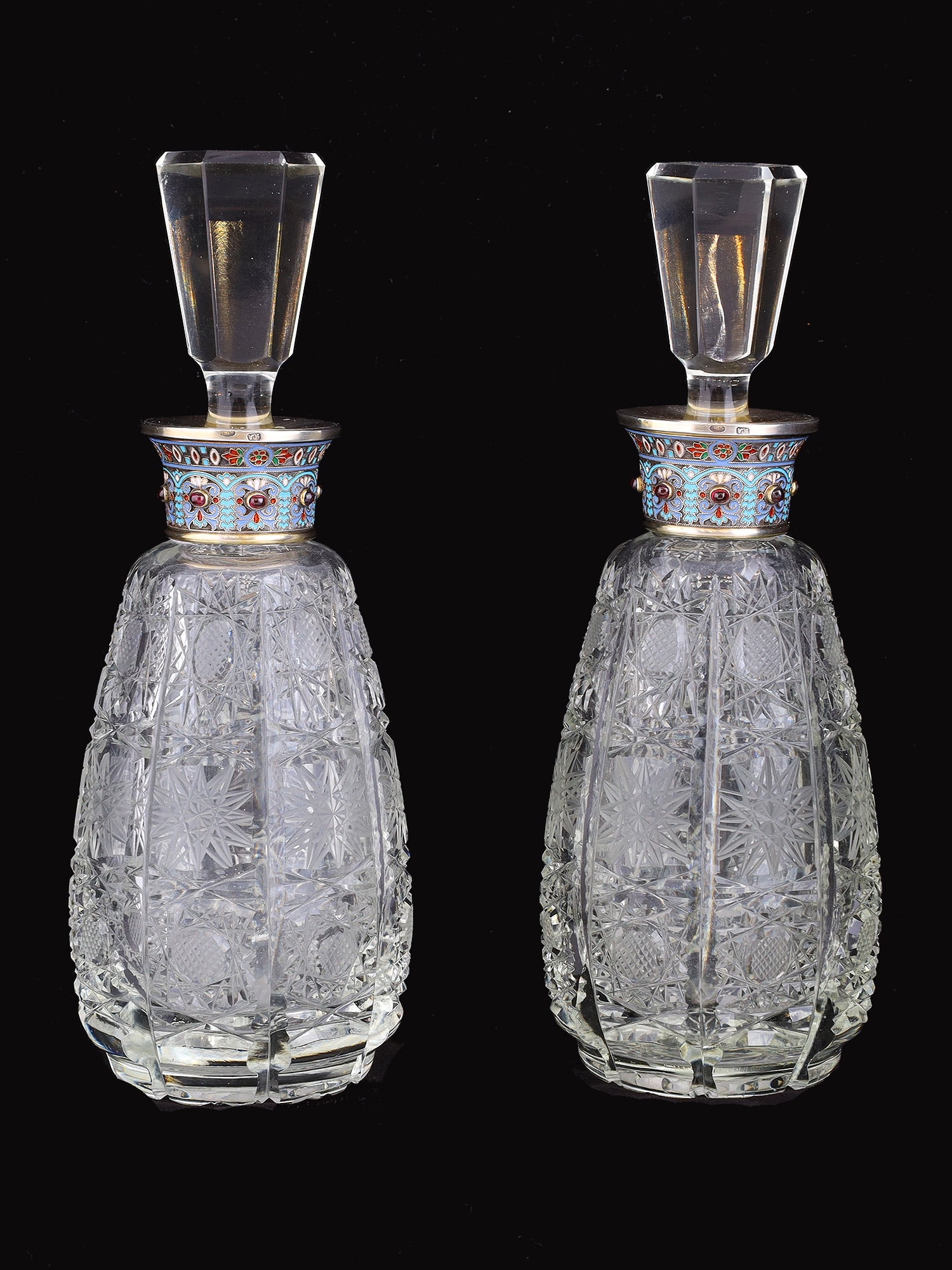 A MATCHING PAIR OF RUSSIAN CRYSTAL DECANTERS WITH SILVER ENAMEL, 19TH CENTURY (1 of 5)
