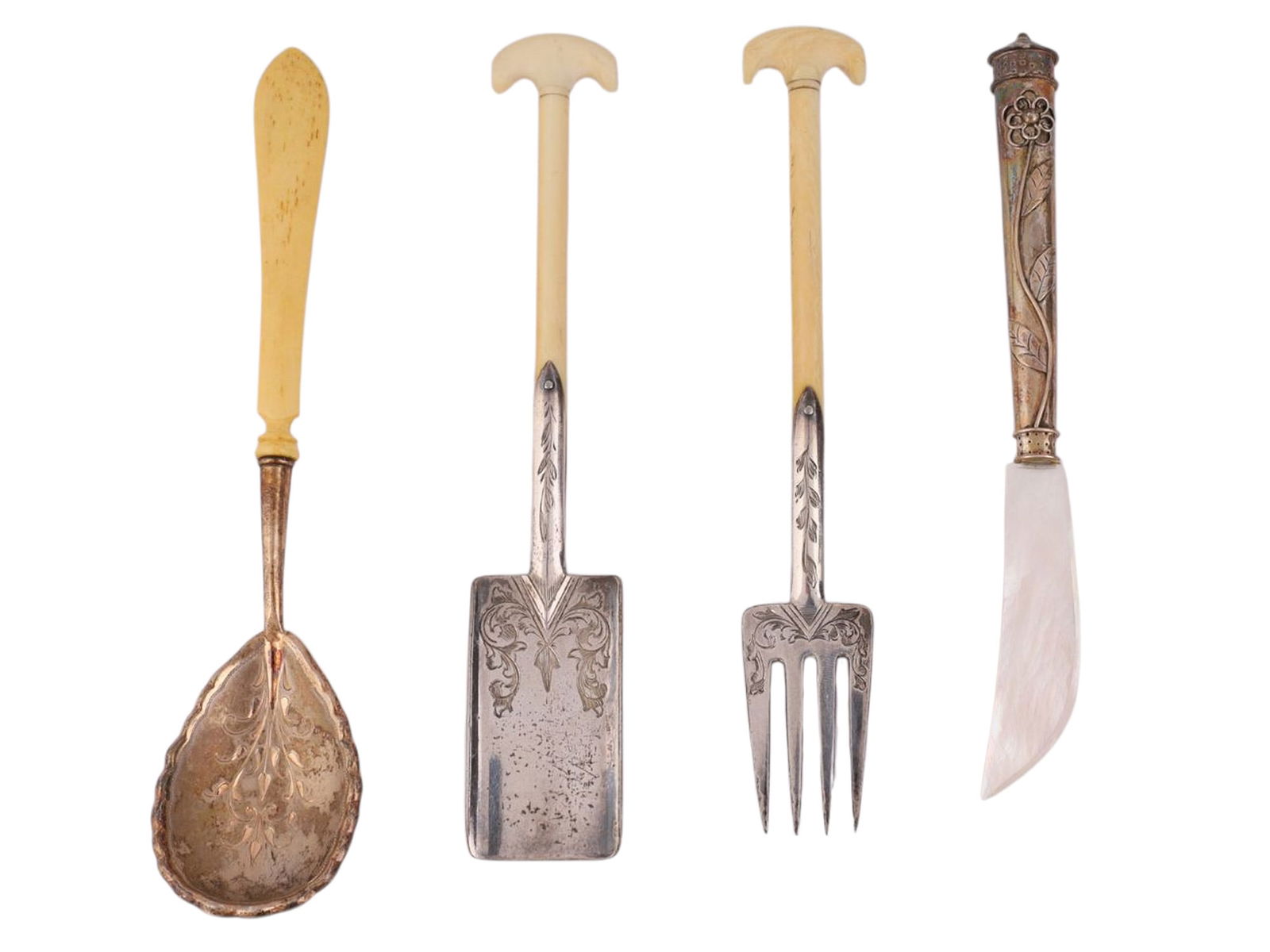 AN ENGLISH OR FRENCH FOUR-PIECE SILVER MINIATURE SET, 19TH CENTURY (1 of 3)