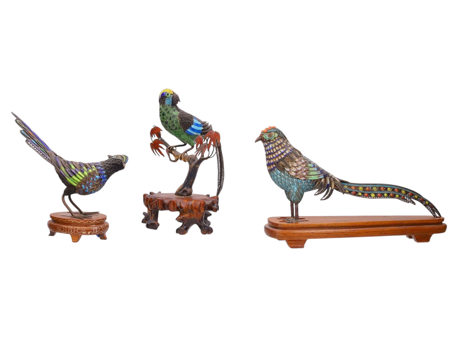 A LOT OF THREE CHINESE SILVER AND ENAMEL BIRDS, 19TH CENTURY (1 of 9)