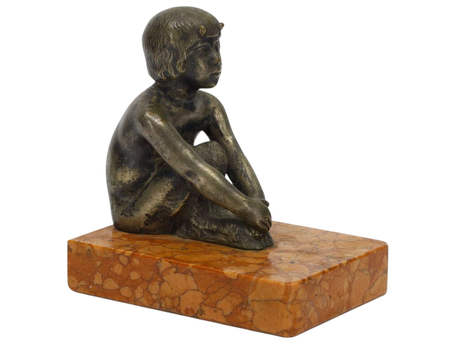 VICTOR SILVESTRE, FRENCH BRONZE SCULPTURE OF A SEATED SATYR FAUN: Attributed To Victor Silvestre, French (19th/20th Century) Small Bronze Sculpture Of A Seated Satyr Or Faun Artist. A Recast Unsigned, mounted on a red to orange custom made marble base and dated as c