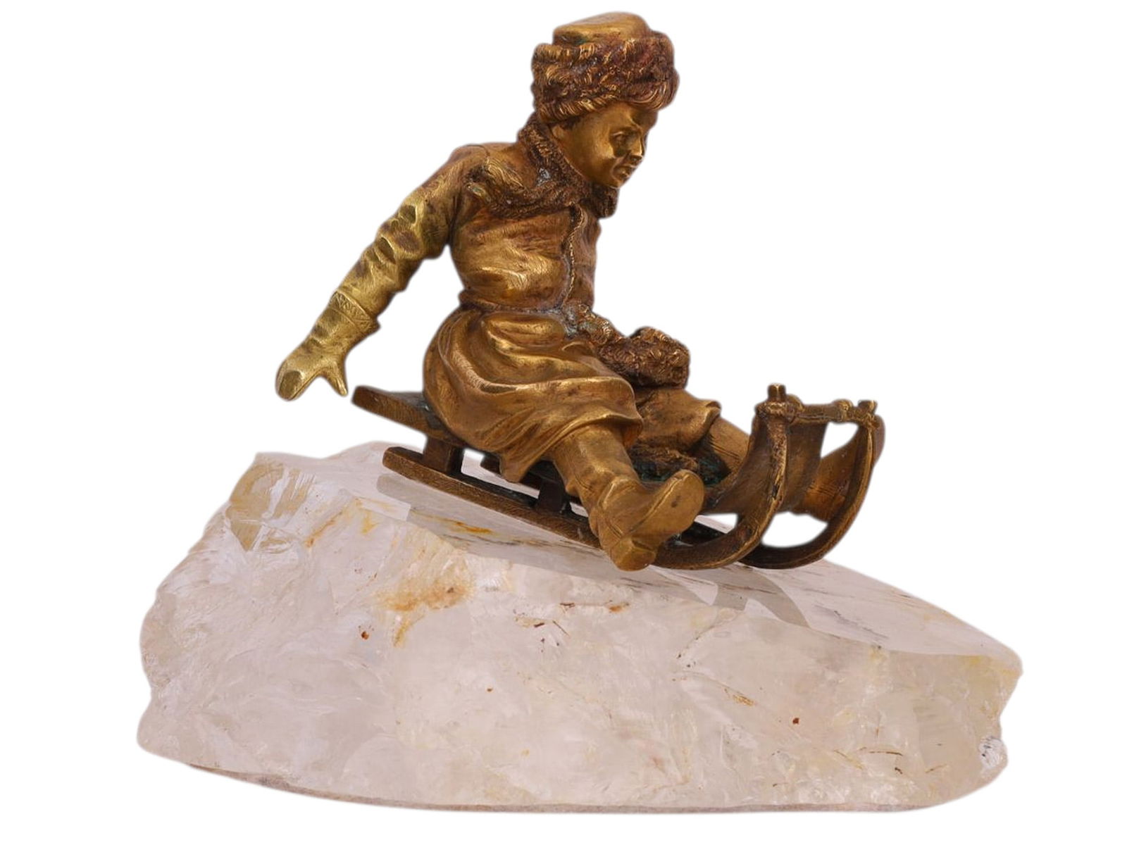 A RUSSIAN BRONZE FIGURE OF A PEASANT BOY ON A SLED MOUNTED ON A ROCK CRYSTAL, LATE 19TH CENTURY (1 of 5)