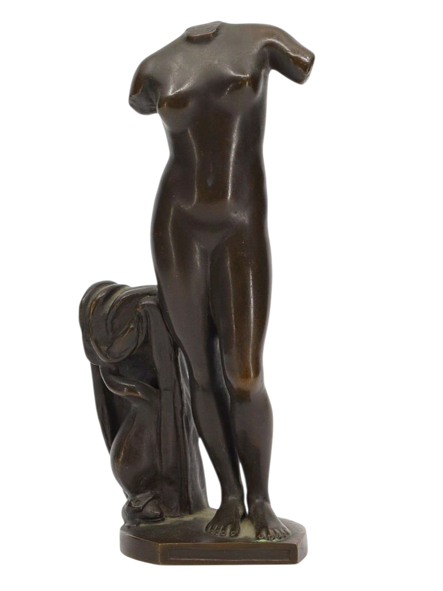 A NEO-CLASSICAL NUDE IN BRONZE, SIGNED ATHOS, 20TH CENTURY: A bronze sculpture of a nude in the neo-classical style, depicted with no head or arms, as if it was found after centuries of being buried under rubble. The piece is signed on the base with the name '