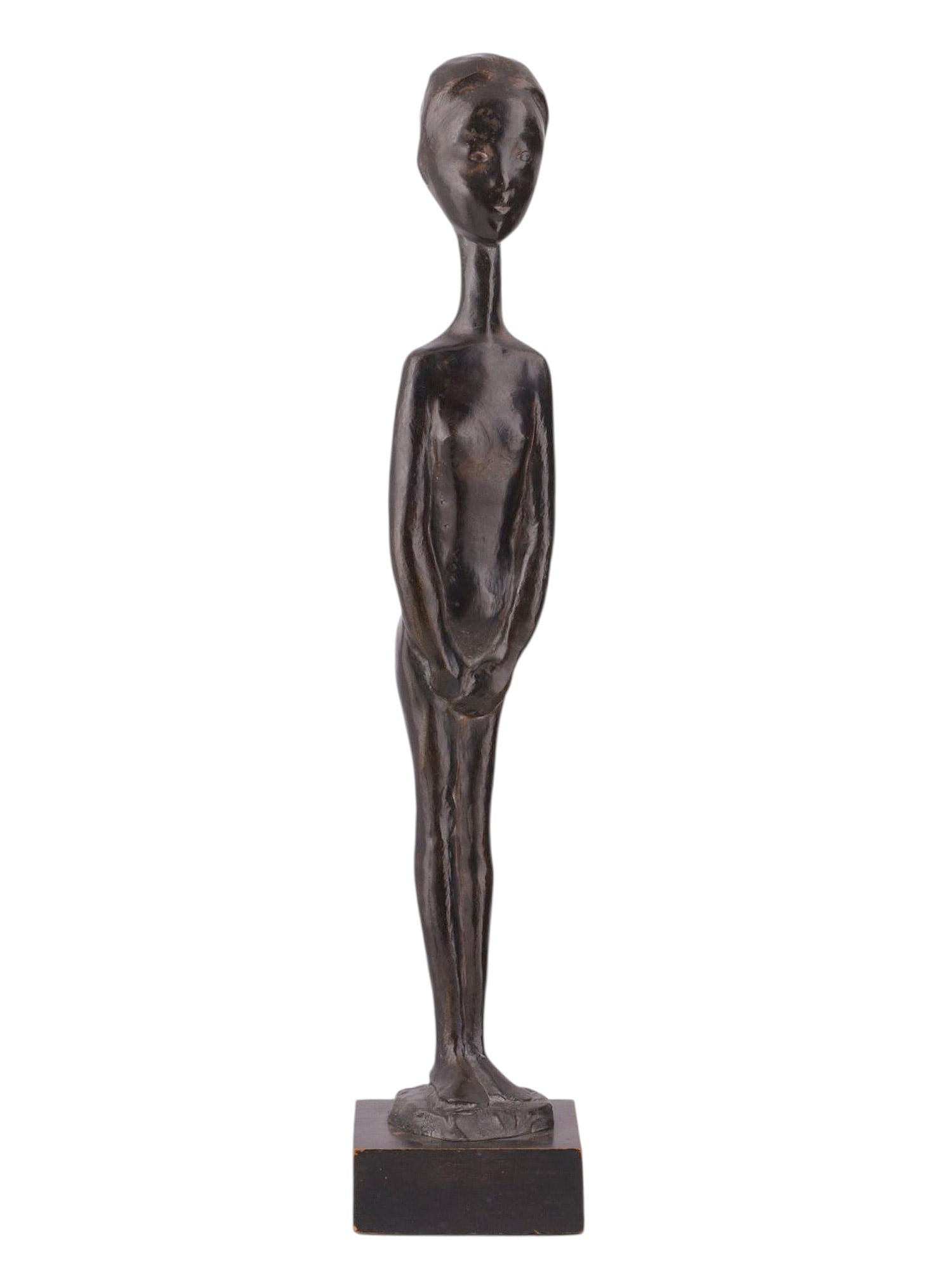 A SIGNED BRONZE FIGURE OF A BOY, SÉBASTIEN TAMARI (FRENCH, 1900–1991): Bronze with dark brown patina, the slender standing figure with elongated proportions and simplified modernist modeling, depicted upright with arms held before the body, conveying a contemplative and
