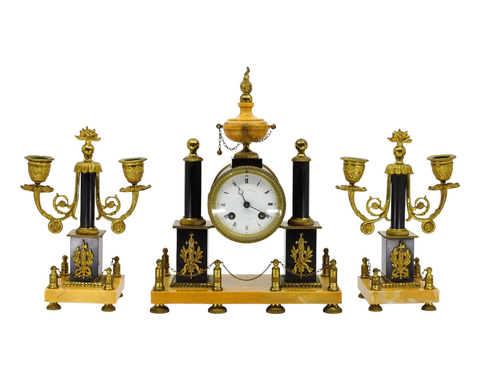 A FRENCH NEOCLASSICAL MARBLE AND BRONZE MANTEL CLOCK GARNITURE, 19TH CENTURY (1 of 6)