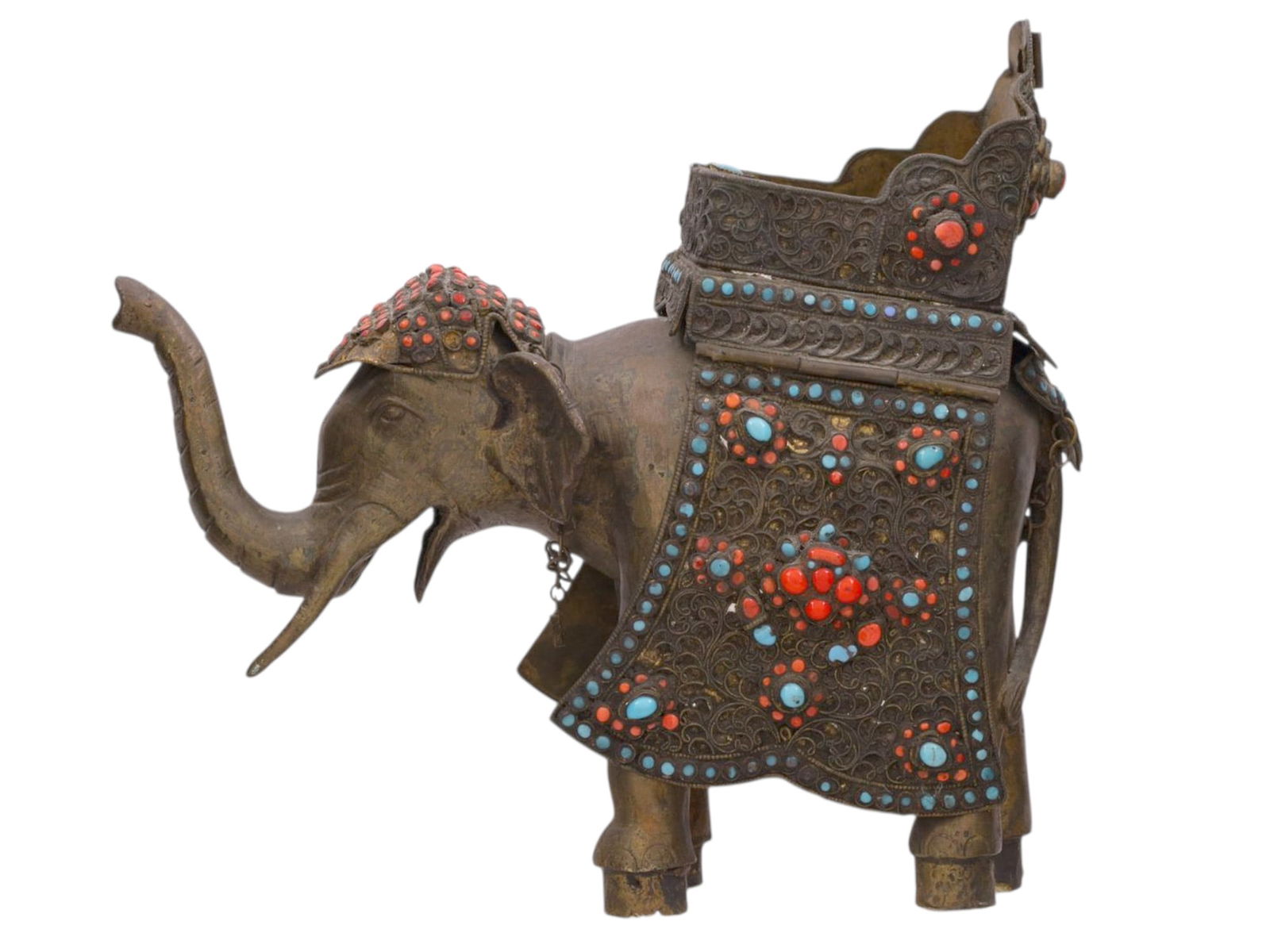 A CAST-BRONZE INDIAN ELEPHANT SET WITH CORALS AND TURQUOISE, 19TH CENTURY (1 of 4)