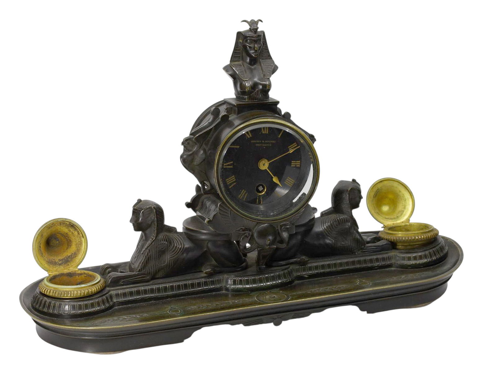 A FRENCH BRONZE EGYPTIAN REVIVAL INKWELL MANTEL CLOCK, 19TH CENTURY (1 of 9)