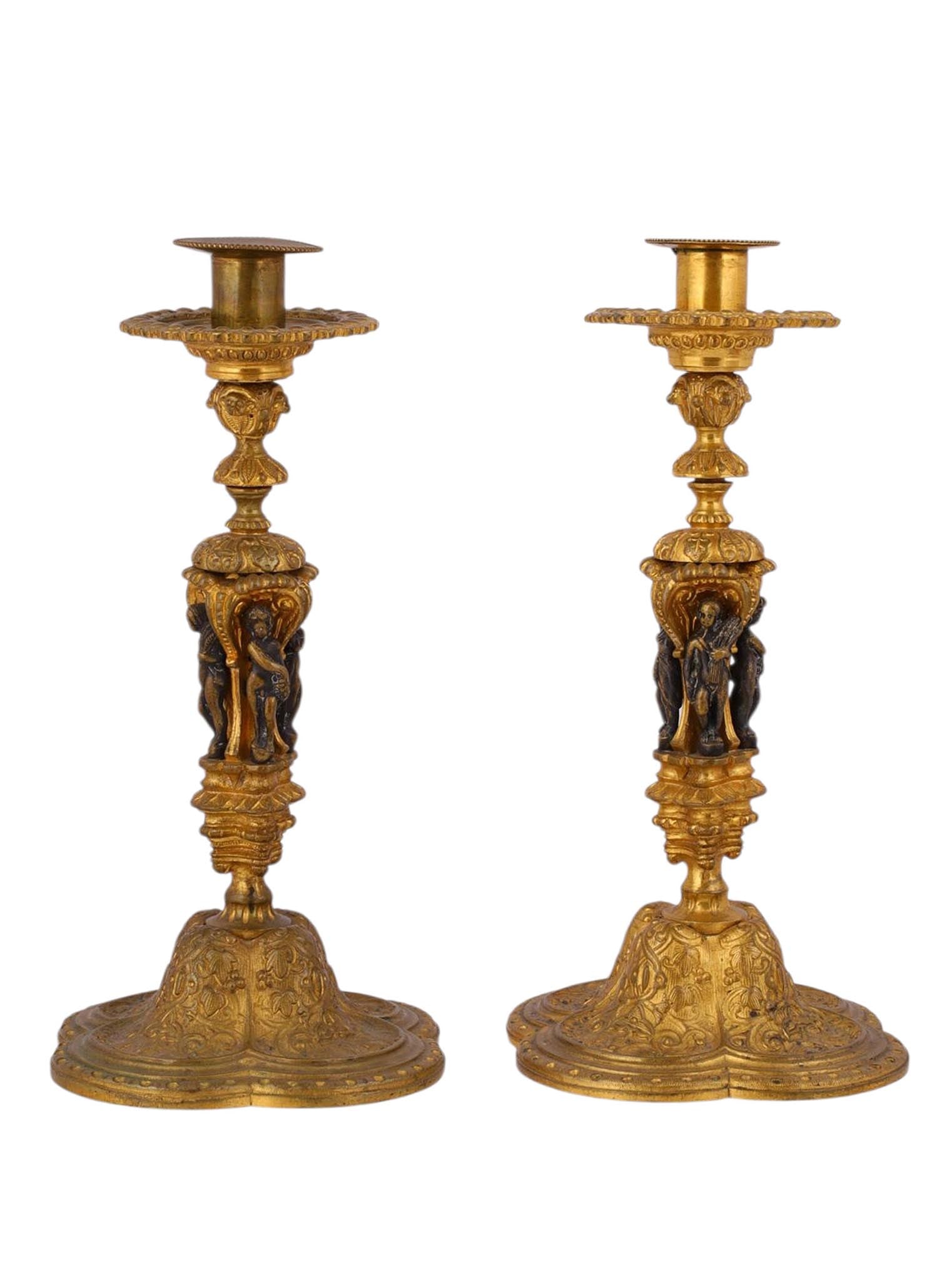 A PAIR OF GILT-BRONZE FRENCH CANDLESTICKS WITH CUPIDS, 19TH CENTURY (1 of 4)