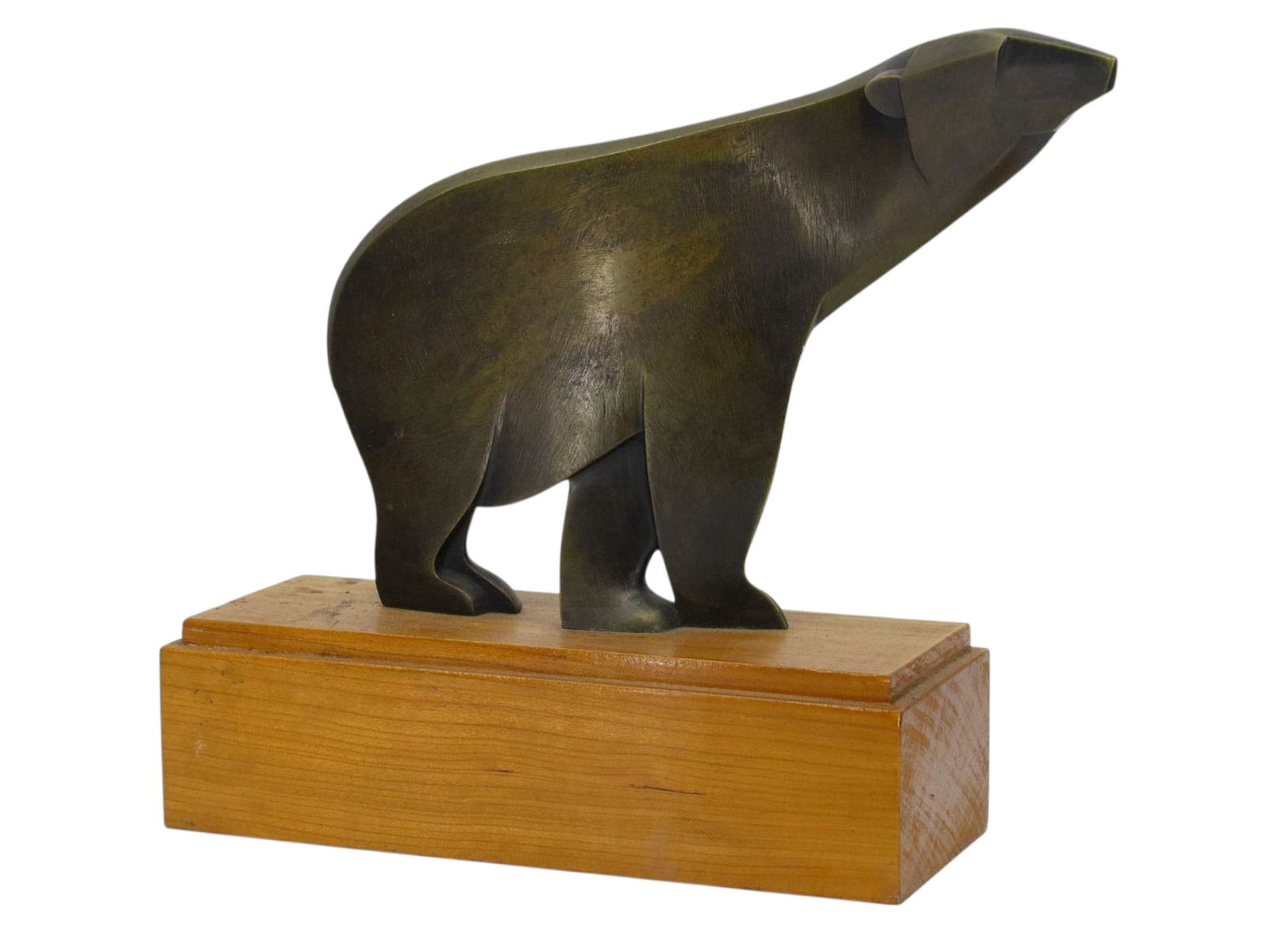 A MODERNIST BRONZE BEAR SCULPTURE ON A WOOD BASE, 20TH CEN. (1 of 6)
