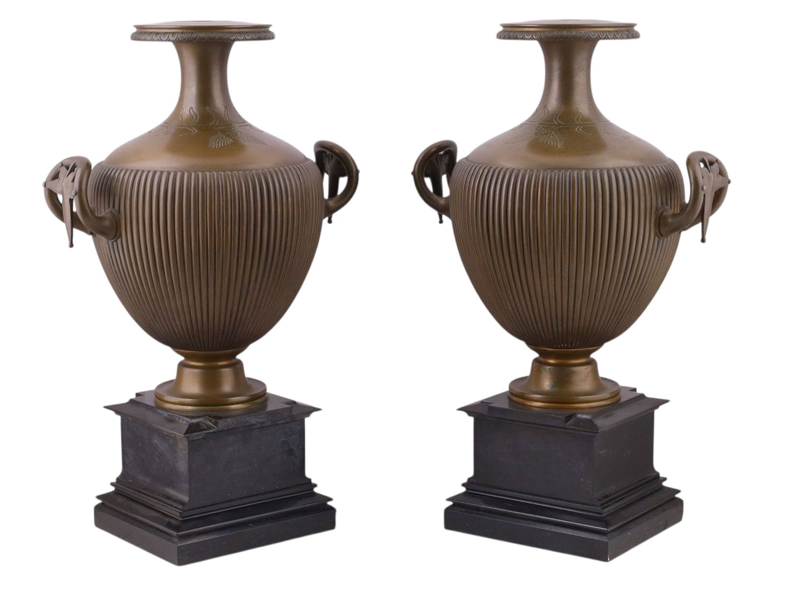 A PAIR OF BRONZE NEOCLASSICAL VASES ON MARBLE BASES, 19TH CENTURY (1 of 5)