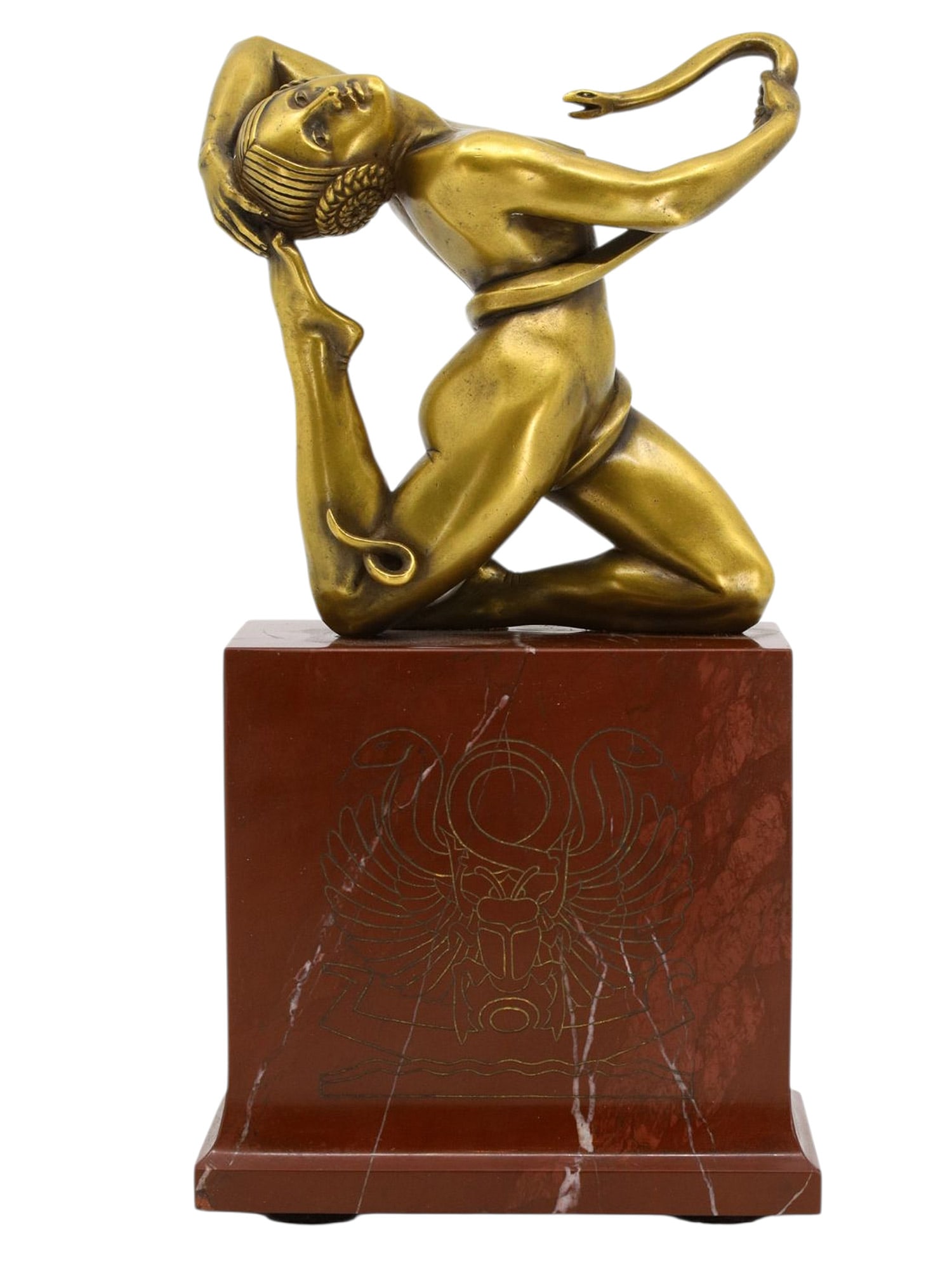 A PAUL PIEL FRENCH ART DECO SCULPTURE 'SNAKE CHARMER', 1924: A polished bronze sculpture of a woman contorting herself as she holds a snake in her hand, possibly representing Cleopatra's suicide, which is commonly believed to have been done by the bite of a ven