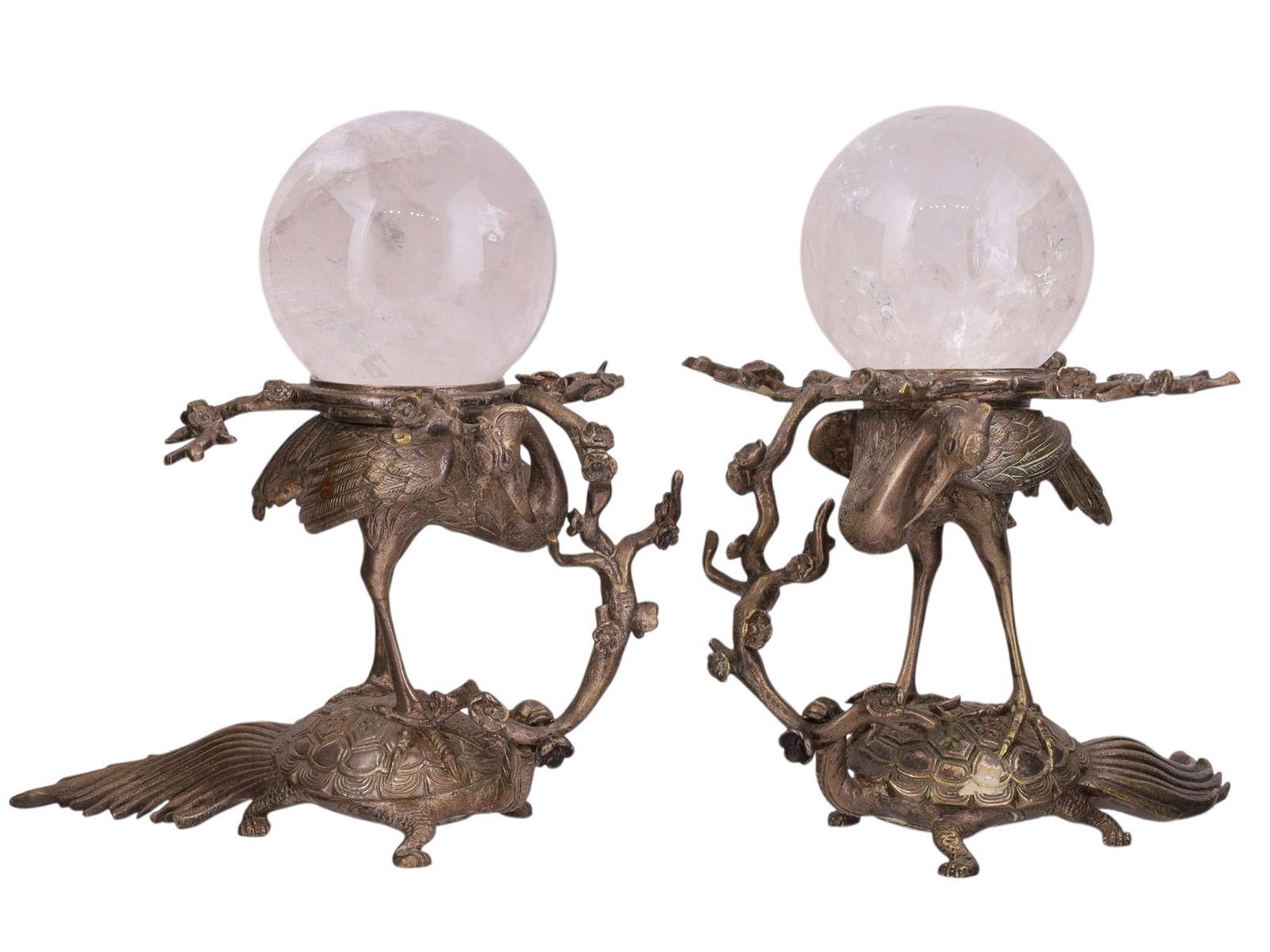 A PAIR OF FRENCH BRONZE AND ROCK CRYSTAL TABLETOP ORNAMENTS, ATTRIBUTED TO BACCARAT, 19TH CENTURY (1 of 5)