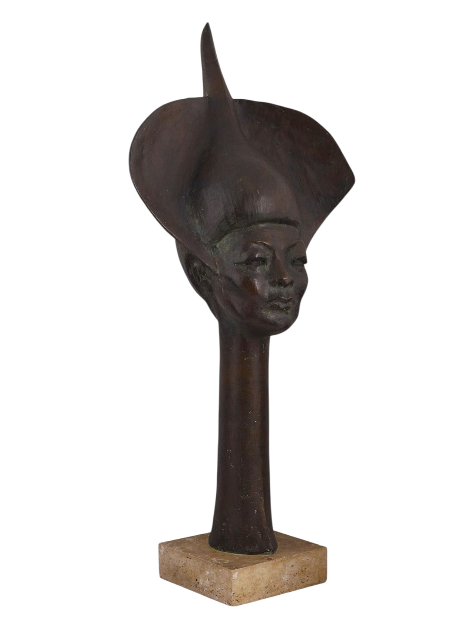 A LARRY GRIFFIS JR. (1924-2000) BRONZE OF DELPHINE WANG, 1962: A bronze sculpture by American artist Larry W. Griffis Jr. (1924-2000) depicting a woman wearing a large and ostentatious hat. The model for this piece was a woman by the name of Delphine Wang. Anothe