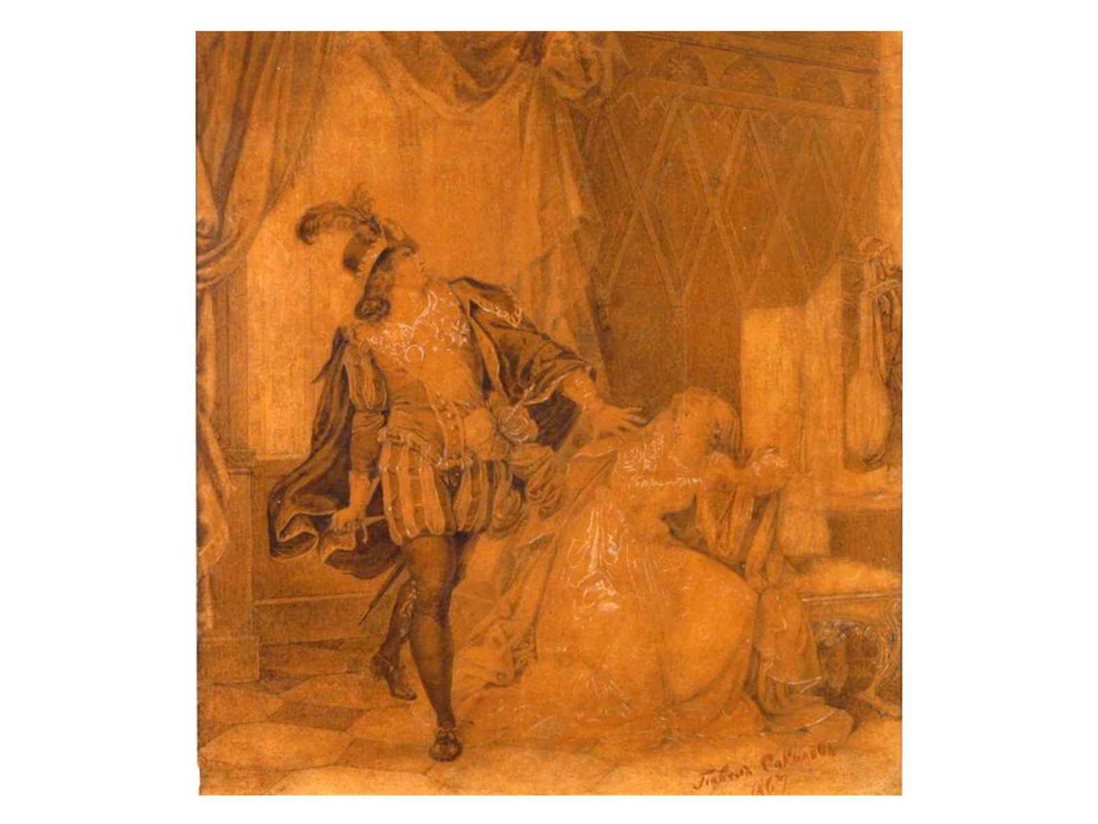 A RUSSIAN MIXED MEDIA DRAWING (STUDY) BY PAVEL SOKOLOV, FOR A SHAKESPEARE PLAY, 1867 (1 of 4)
