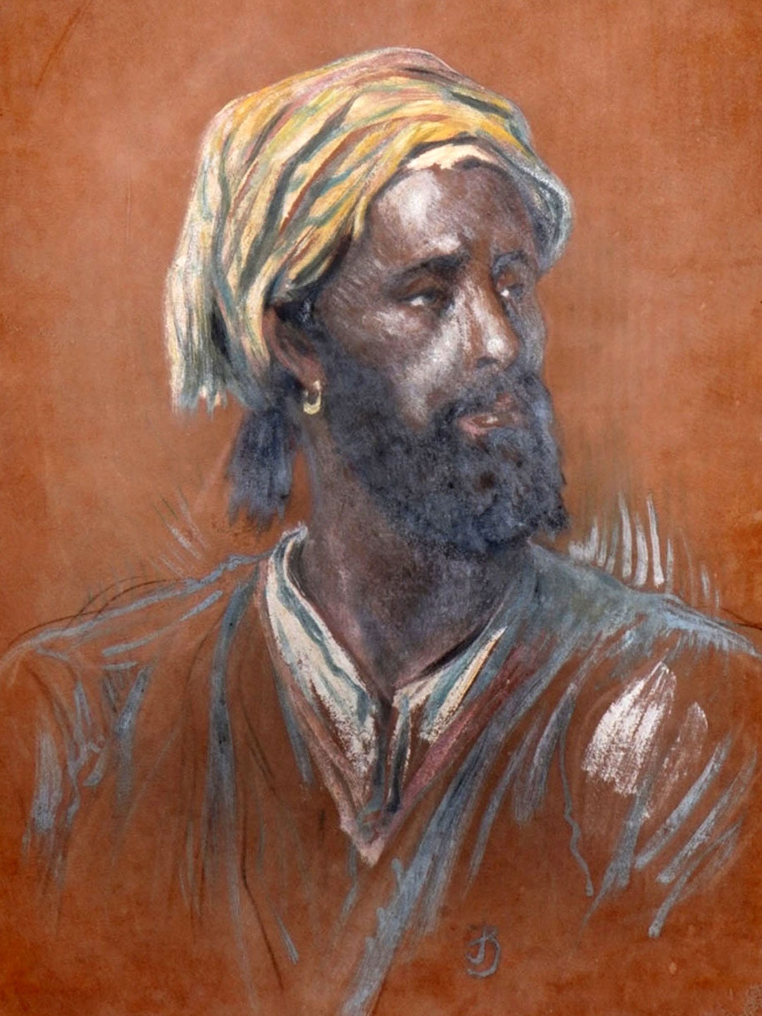 A FRENCH PASTEL AND CHALK PAINTING DEPICTING A SEATED ARAB, 19TH CEN.: A finely executed 19th-century pastel and chalk on toned paper portrait depicting a bearded Moorish or North African man, shown in a three-quarter pose with contemplative gaze, with an earring common