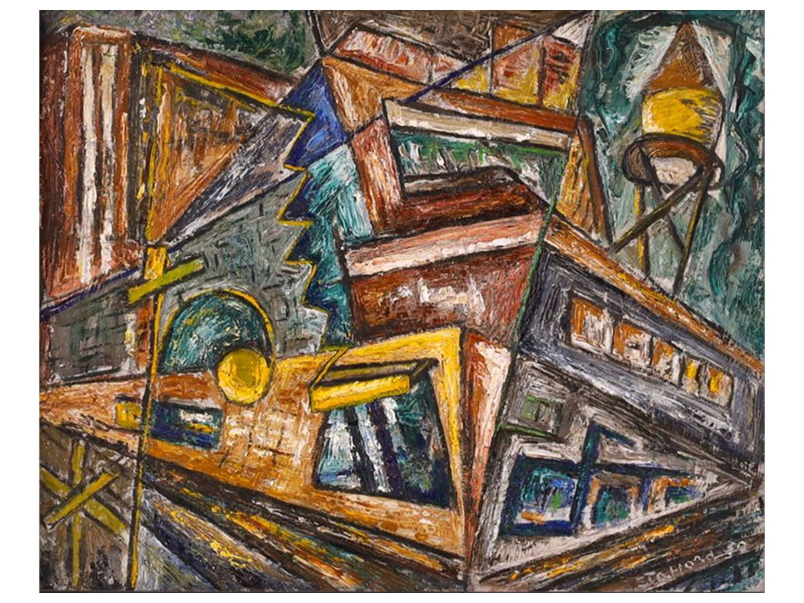 AN AMERICAN MIDCENTURY OIL PAINTING TITLED "THE FACTORY CORNER" (1 of 6)