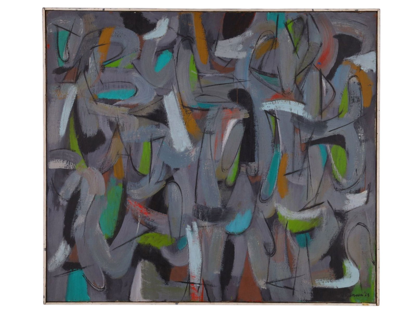 AN ABSTRACT EXPRESSIONIST OIL PAINTING TITLED "THE ANCIENT FIGURES", SIGNED R. JAGANEN, AMERICAN (1 of 4)